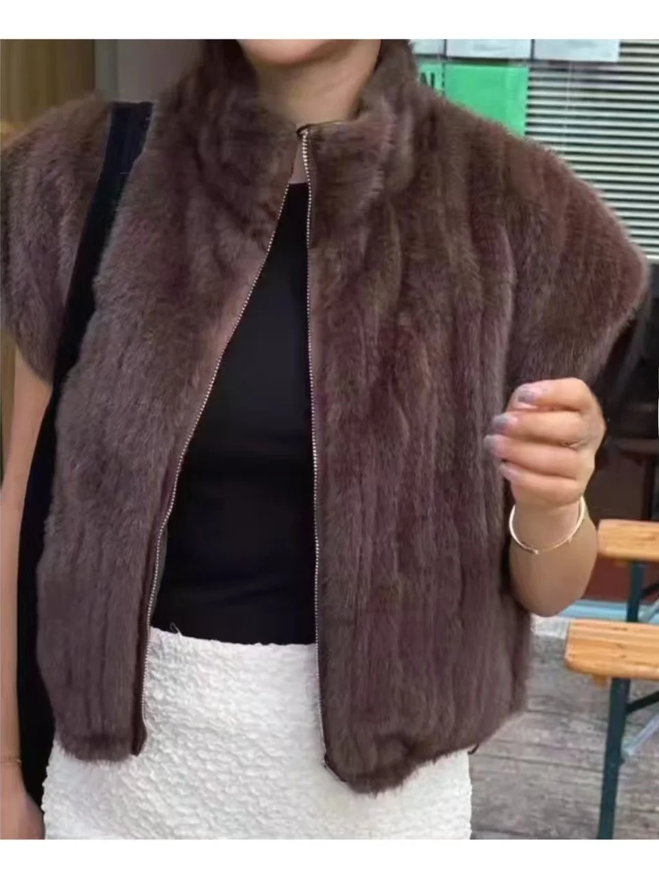 

Eco-Friendly Fur ort Jaet Women's Autumn Winter Cotton Lined Two-Sided Wear Svel Vest Stand Collar Fluffy Outerwear