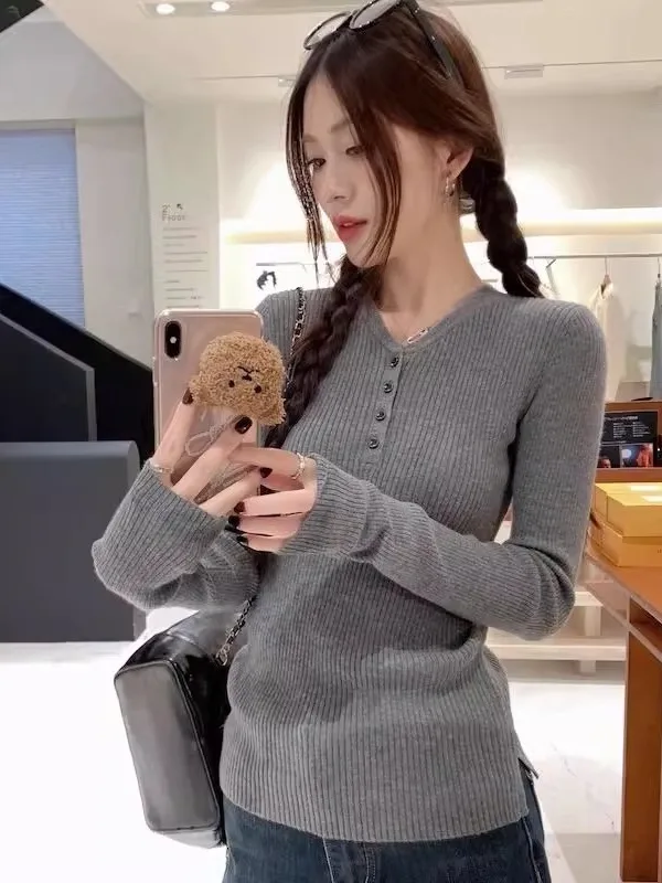 

American Sle Pure Desire V-Ne Knitted Base Layer Women's Autumn Winter Slim Fit Long Sve ey Top Ci Walk Suitable