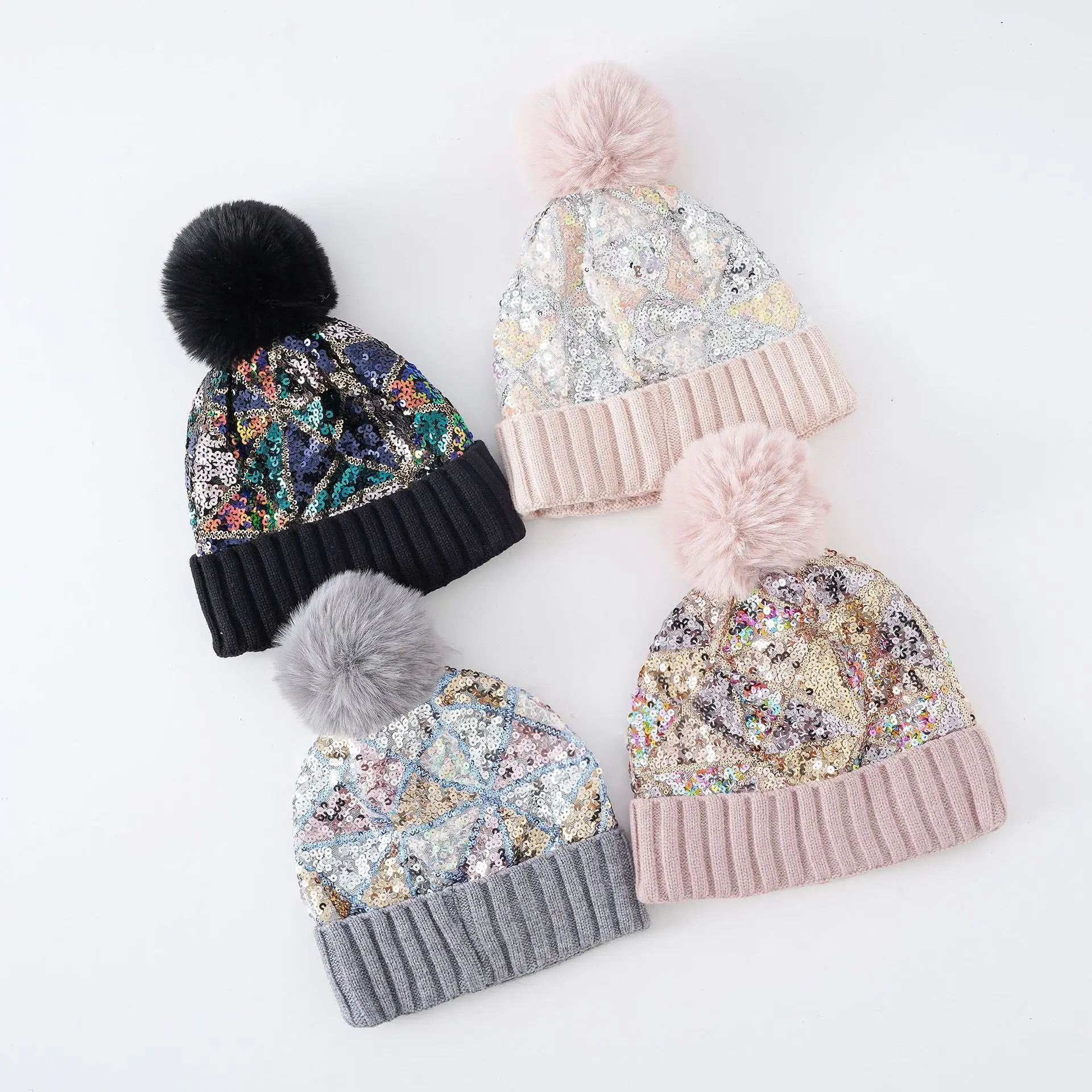 Women Autumn Winter Beanie for Party Lady Bling Versatile Fur Ball Hat Outdoor Skullcap Girls Keep Warm Woolen Yarn Knitted Cap