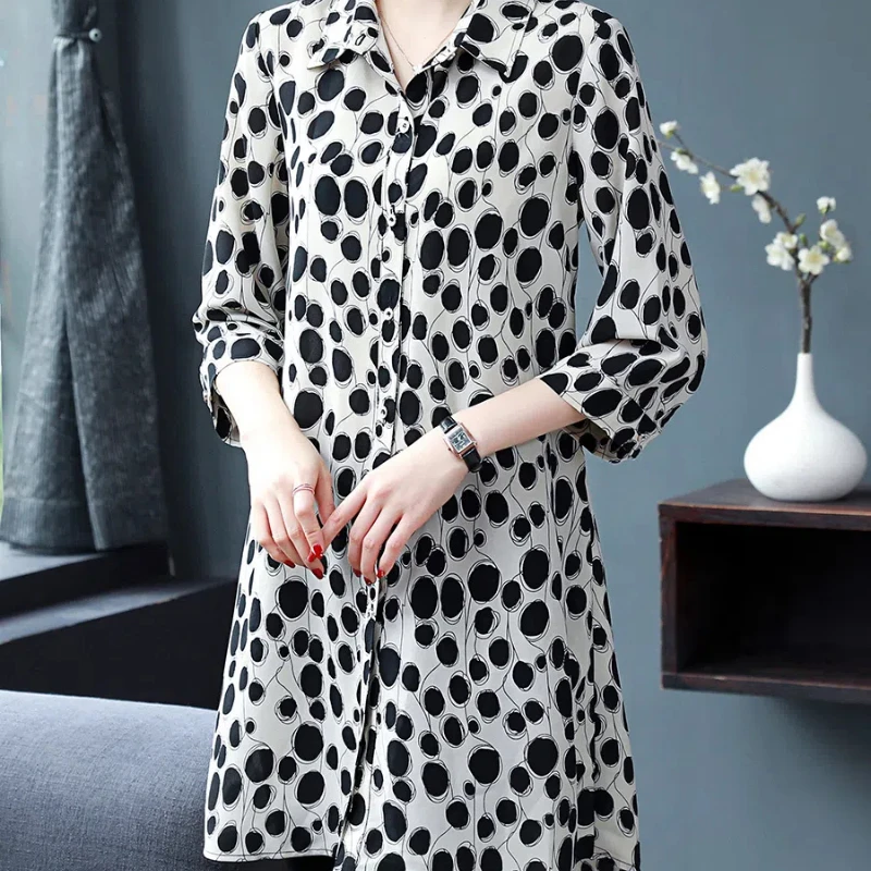 Simplicity Summer New Women's POLO Collar Print Single Breasted Fashion Casual Loose Mid-length 3/4 Sleeve Chiffon Shirt Tops