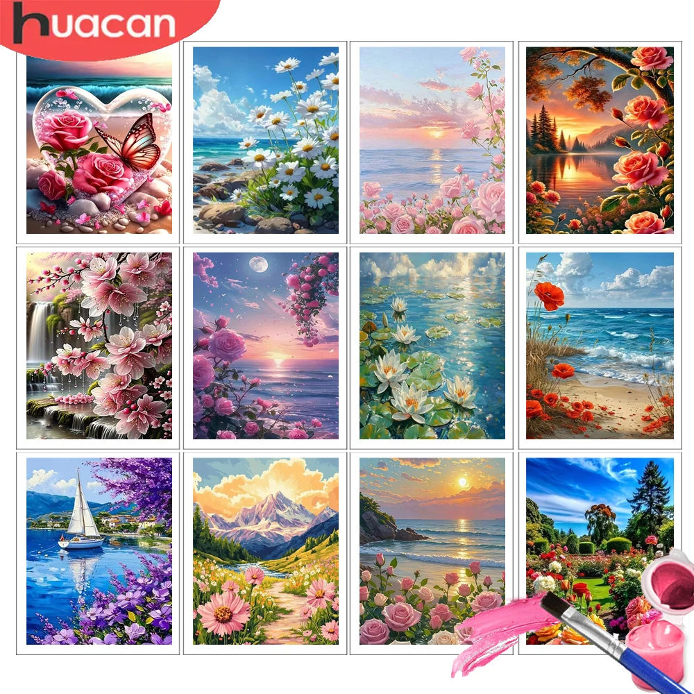 

HUACAN Flower Painting By Number Seaside Landsscape Pictures Oil Paint Colorful Canvas Beach Painting On The Wall