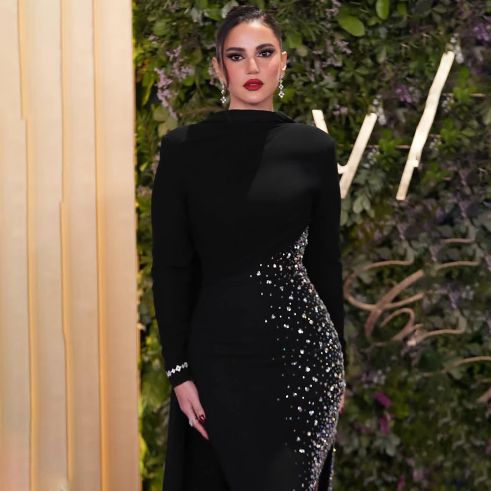 

Черные вечерние платья для элегантных женщин: роскошное платье с кристаллами, шлейфом и боковым разрезом, высококачественное, с длинными рукавами, в дубайском стиле