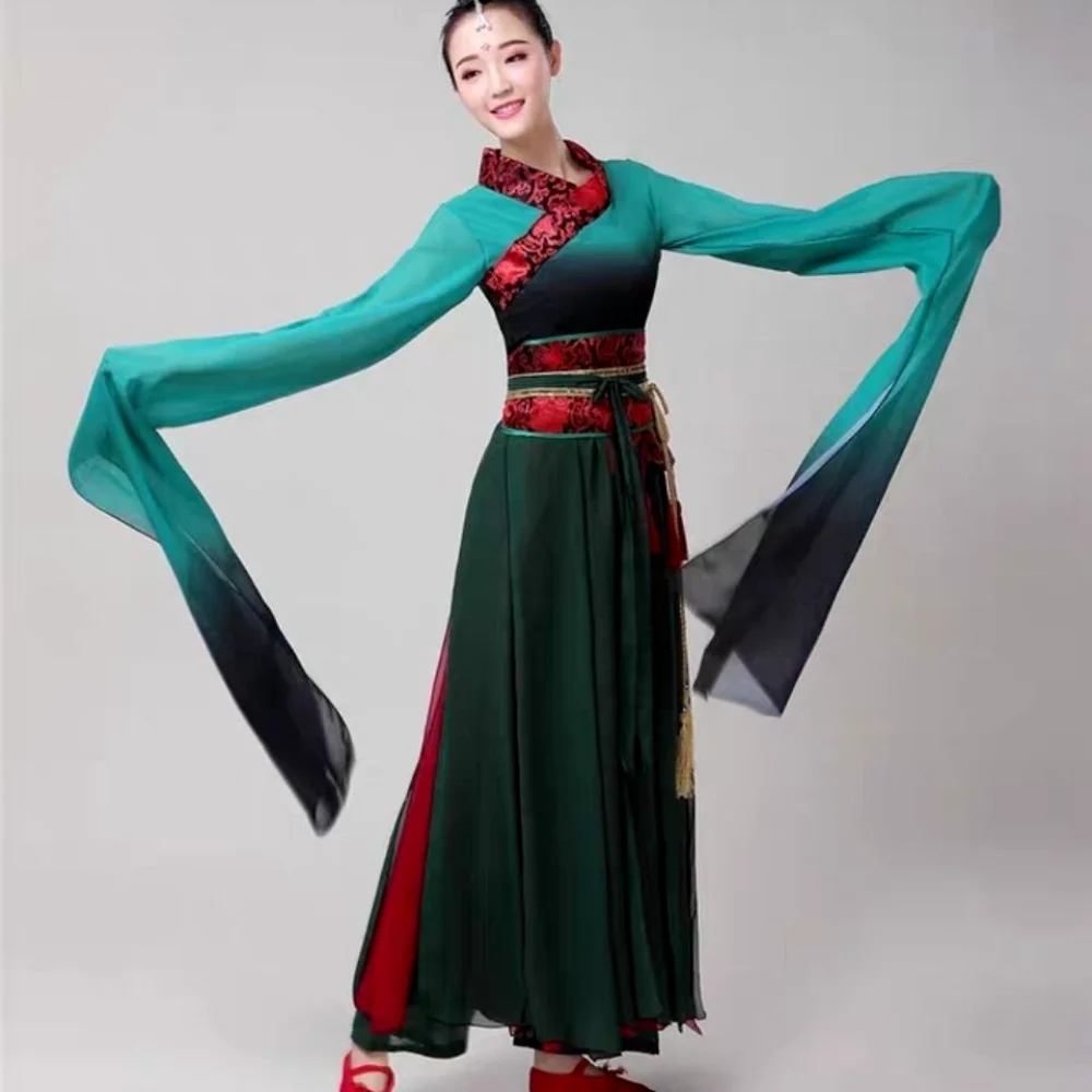 

Classical Water Sleeve Dance Dress Performer Outfit Women Female Chinese Folk Dance Stage Performance Costume for Women Green