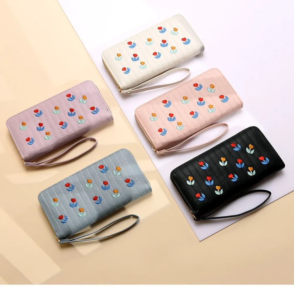 Zipper Women Wallet Fashion Tulip PU Embroidered Bag Card Bag