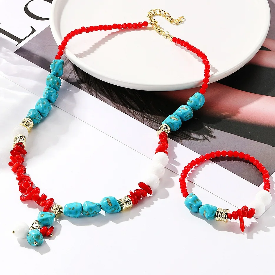 Vintage Bohemian Turquoise Beaded Necklace Bracelet for Women