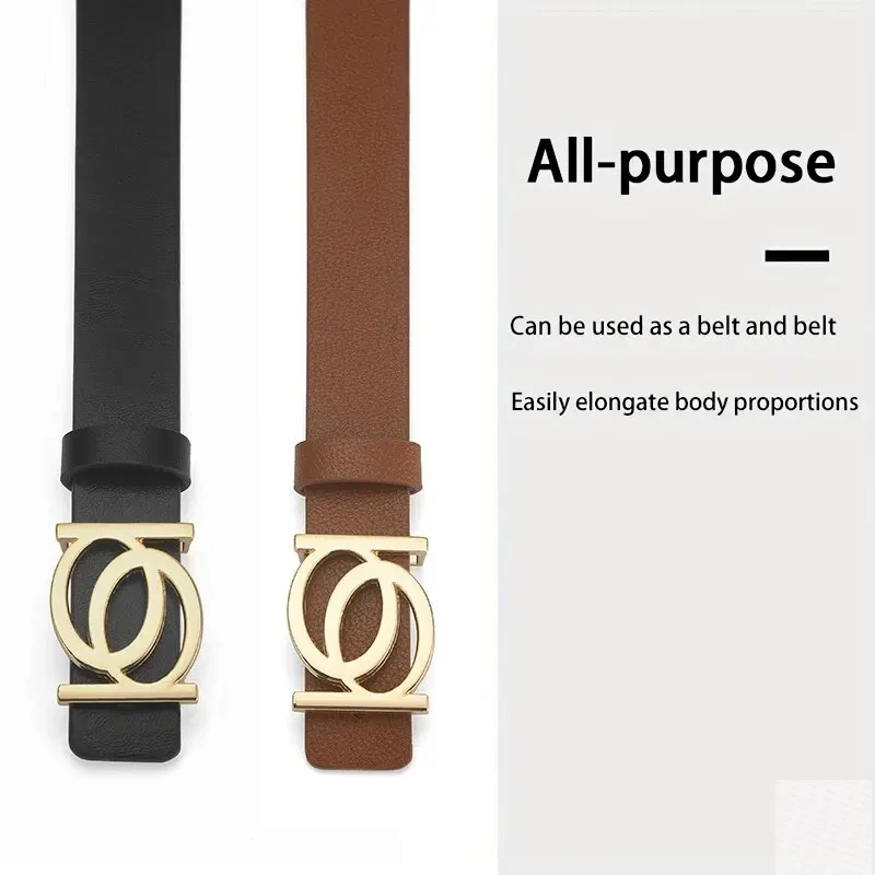 New Women's Belt Fashion Golden Buckle Belt Leisure Personalized Double Round Button PU Leather Belt Paired with Jeans Lady Belt image 2