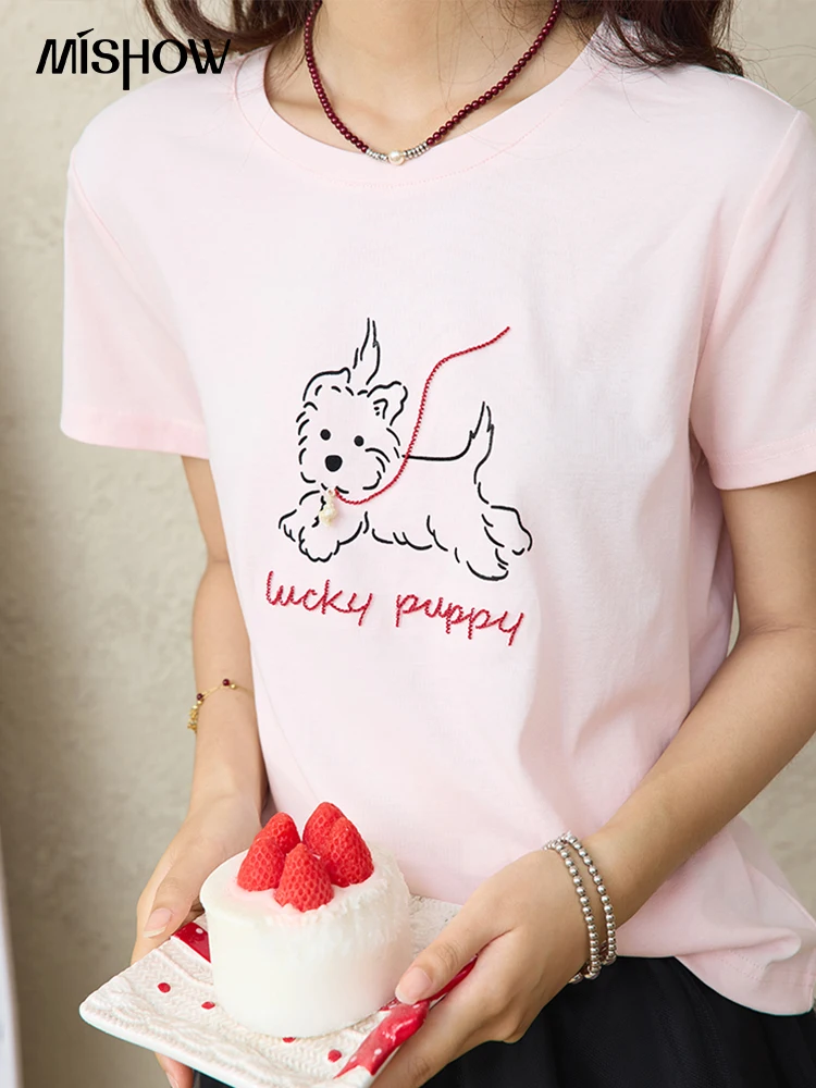MISHOW Cute Printed Puppy Short Sleeve T-shirt 2025 Summer Round Neck Short Sleeved T-shirt Cotton Blend Casual Tees MXE36T0640