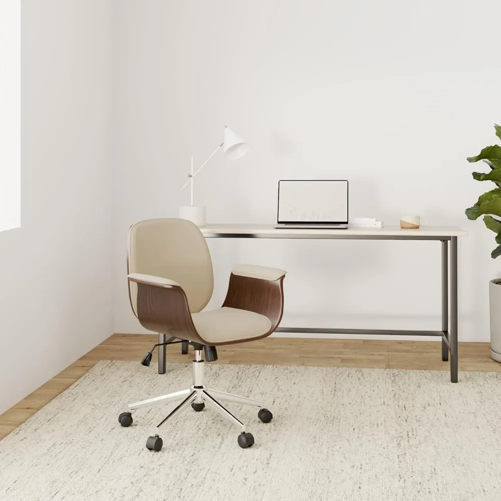 Офисное кресло из искусственной кожи кремового цвета с регулируемой высотой и изогнутым деревянным каркасом для удобной работы или домашнего использования