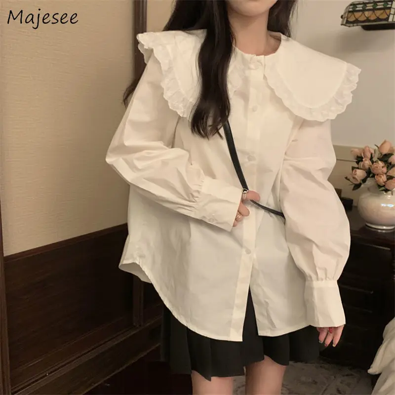 White Peter Pan Collar Shirts Women Vintage Loose French Style Autumn New Sweet Casual All-match Female Long-sleeve
