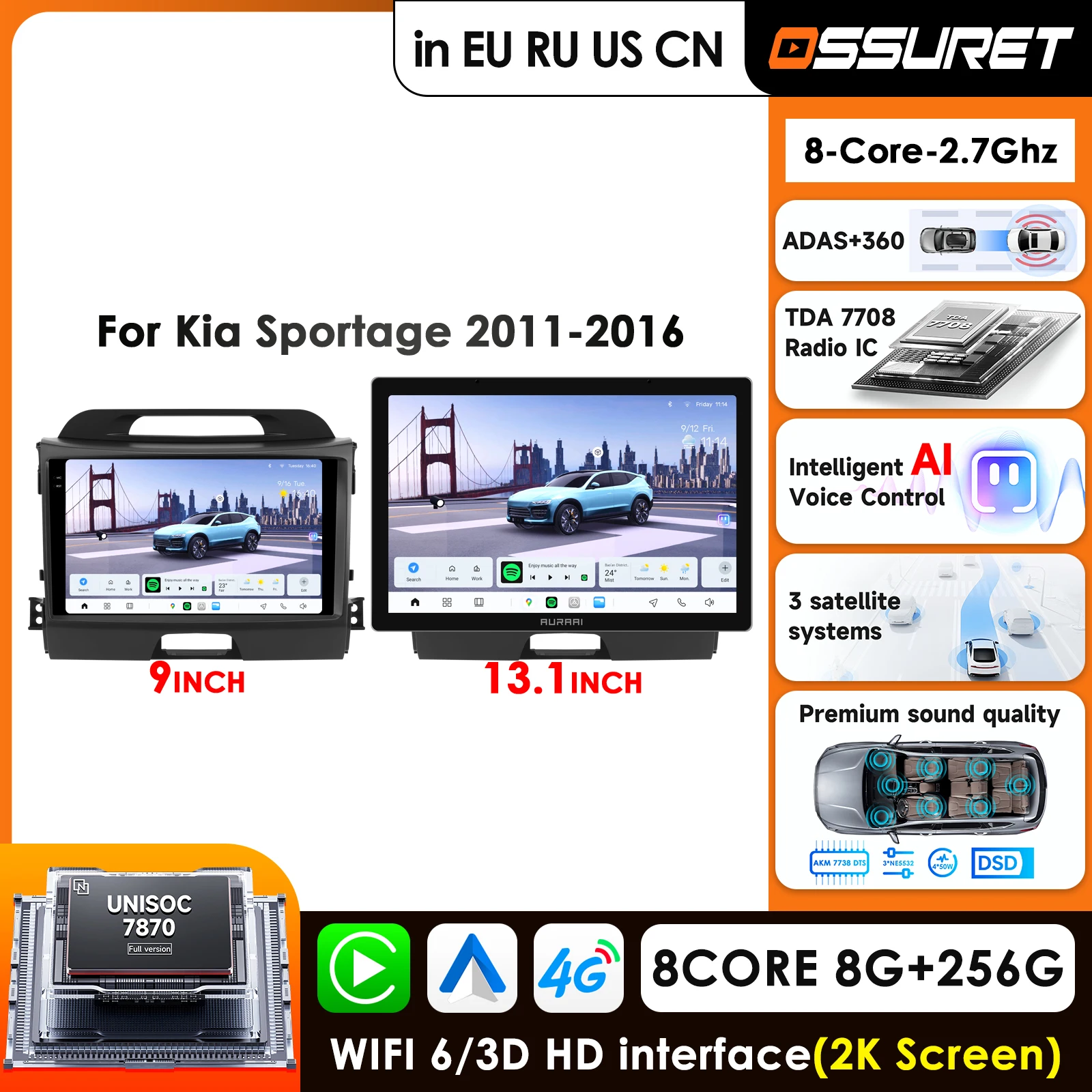 13.1'' Car Radio for KIA Sportage 3 2010-2016 Carplay Android Auto Stereo Smart QLED 2K Screen Autoradio Video TDA7851 Amplifer