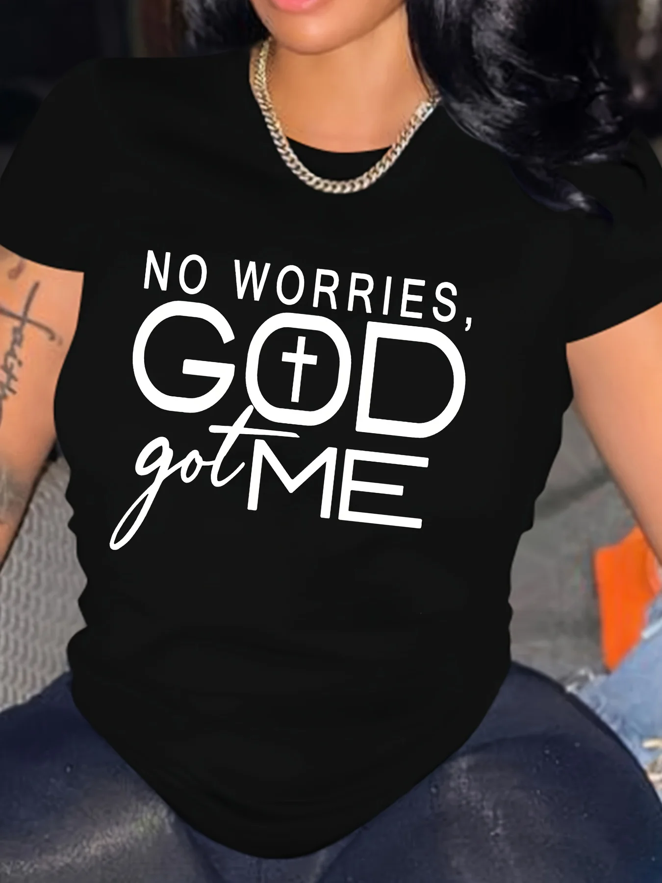 

Women's Black High Street T-Shirt with Santa Claus Print no worries god got me 100% Organic Cotton Christmas Party Wear