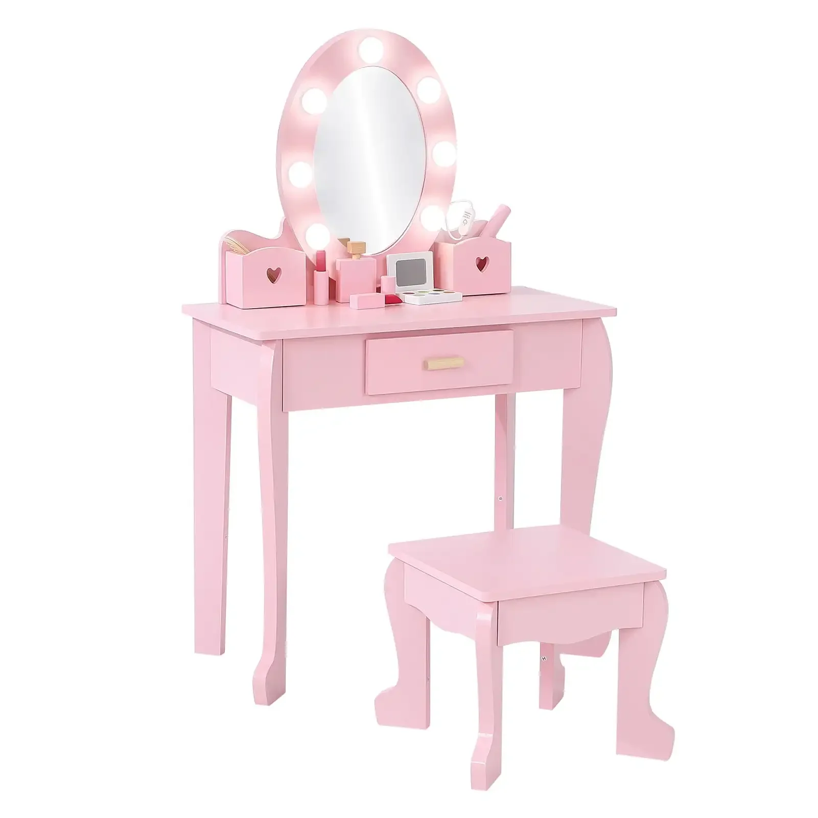 

Girl Vanity Table and Chair Set, Kids Wood Makeup Dressing Table with Lights, Mirror, Drawer & Stool