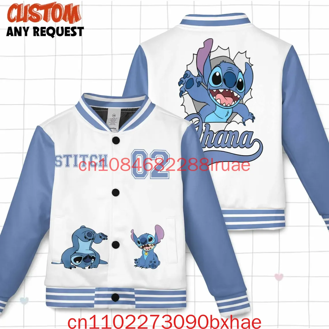 

Custom Disney Lilo & Stitch Baseball Jacket 3D Print Stitch Angel Jumba Pleakley Group Kids Youth Adult Baseball Team Varsity