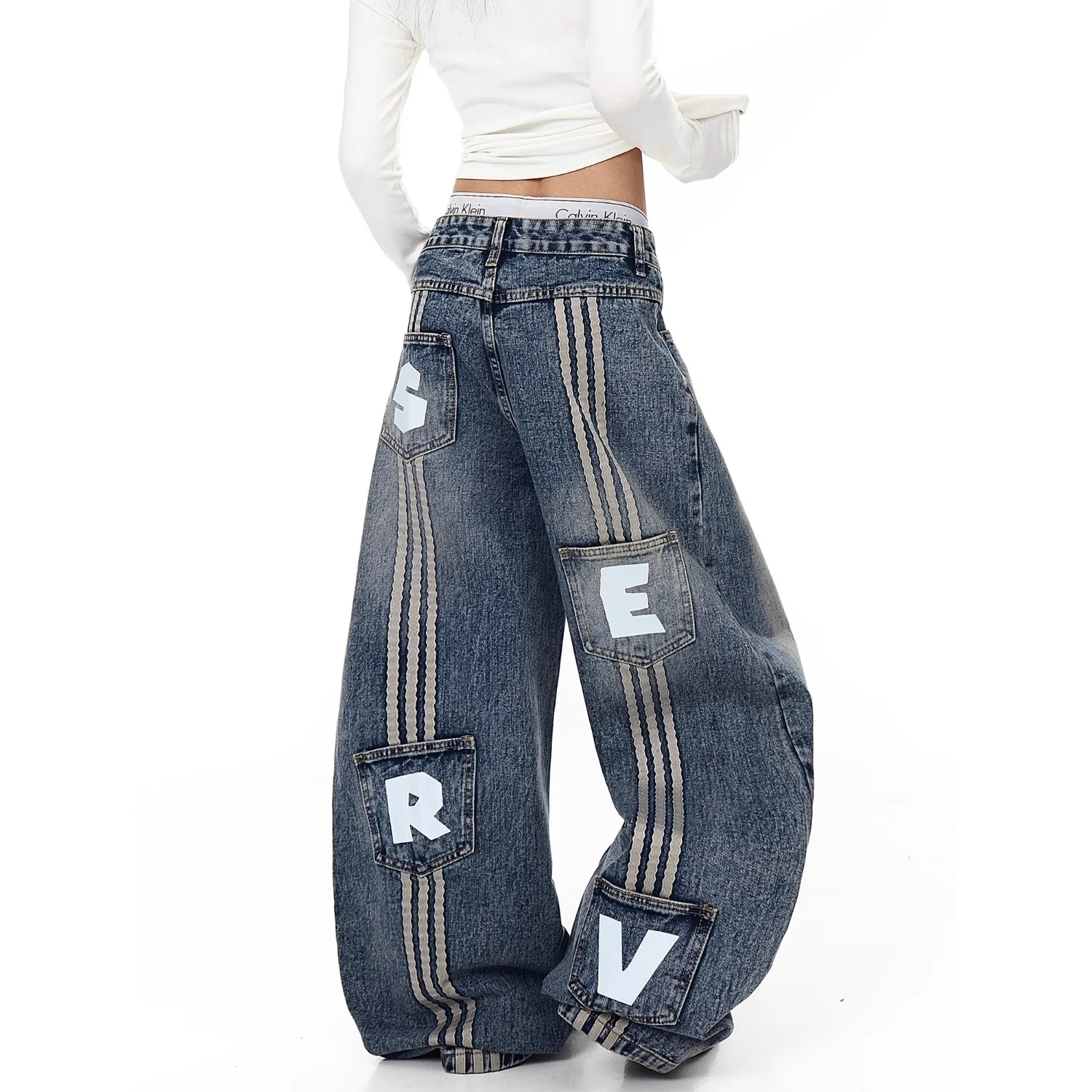 جينز ريترو أمريكي مغسول بحافة سكين من قماش الدنيم، تصميم ربط مخطط واسع الساق مقاوم للرجال والنساء