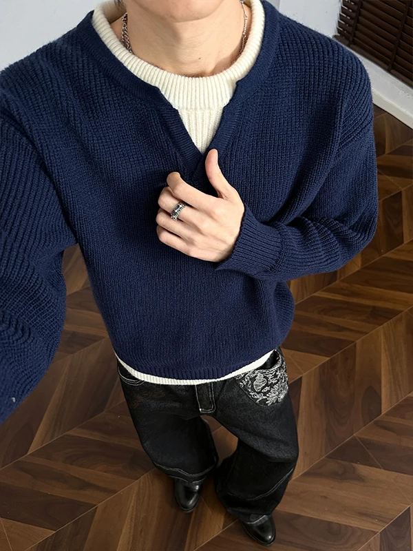 

Мужской зимний повседневный свитер American Sle Heavyweight с эффектом двухслойности, свободного кроя, для подростков, осенний вязаный пуловер