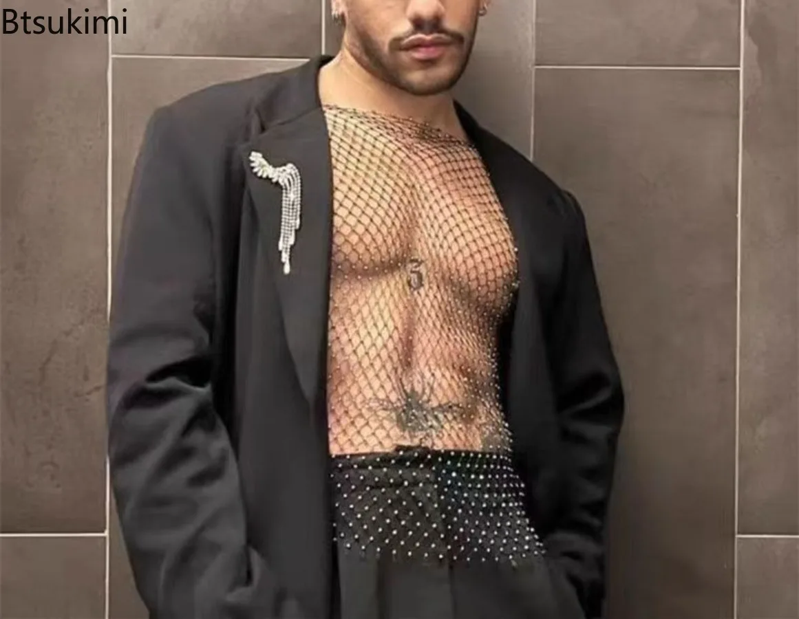 Sexy See Through Mesh T-shirts for Men Glitter Rhinestone Fishnet Hollow Out Tank Tops Male Rave Party Nightclub Tops Stage Wear