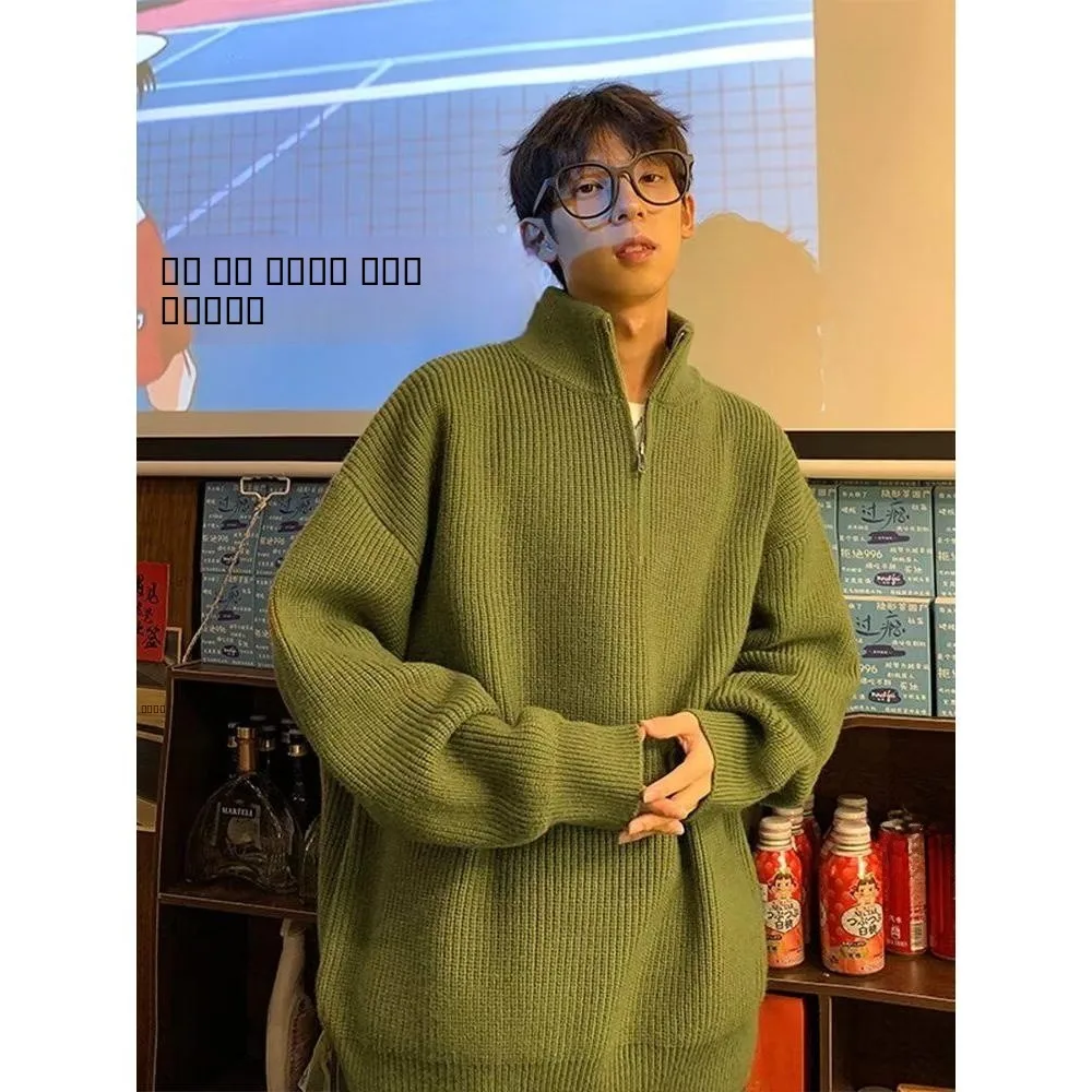 

Men's Autumn Winter Knitted Long Sve Zipper Closure Casual Sweater Coat Pure Color Stand Collar Comfortable Polyester Fiber