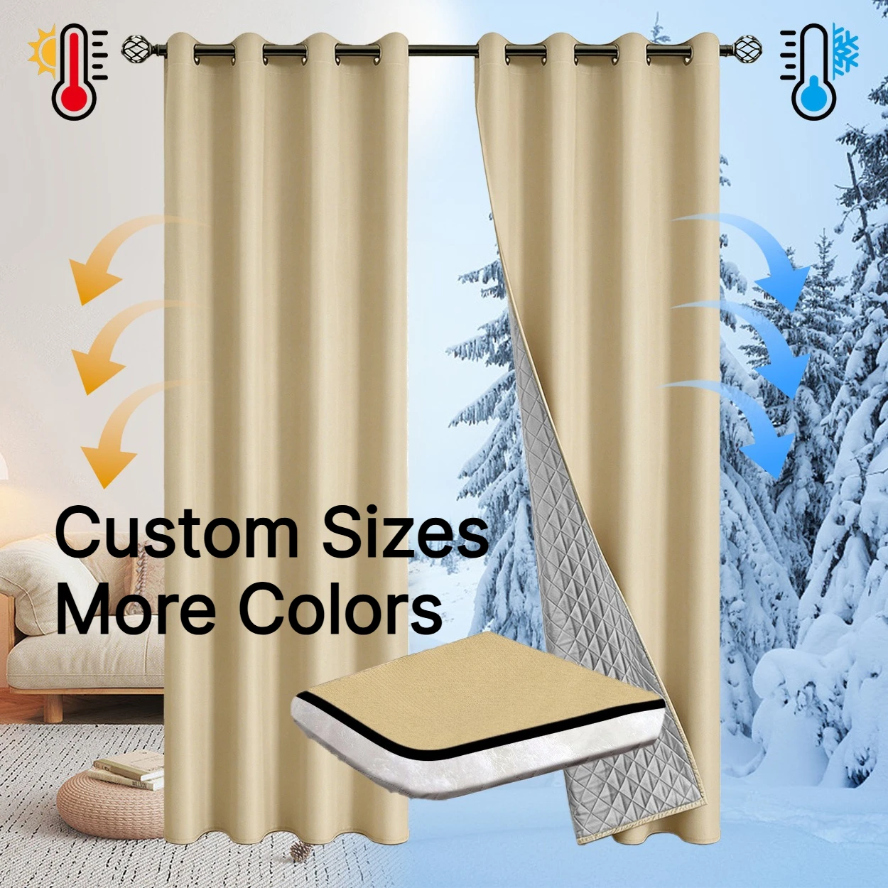 Custom Size Thickened Quilted Windproof Noise-Reducing Room-Dividing Winter Curtains for Living Dining Room Bedroom Window Decor