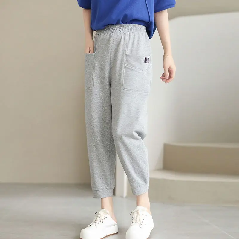 High Quality Cotton Loose Big Pocket Ninth Pants Women New Foot-binding Korean Personality All-match Lady Harem Sweatpants 2022