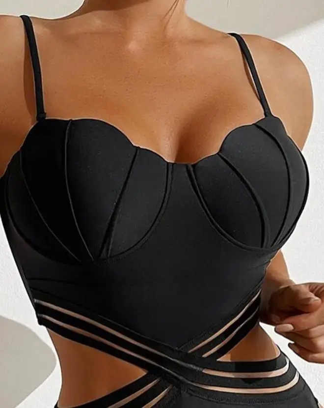 2023 New Hot Selling Women's Contrast Mesh Hollow One Piece Swimwear