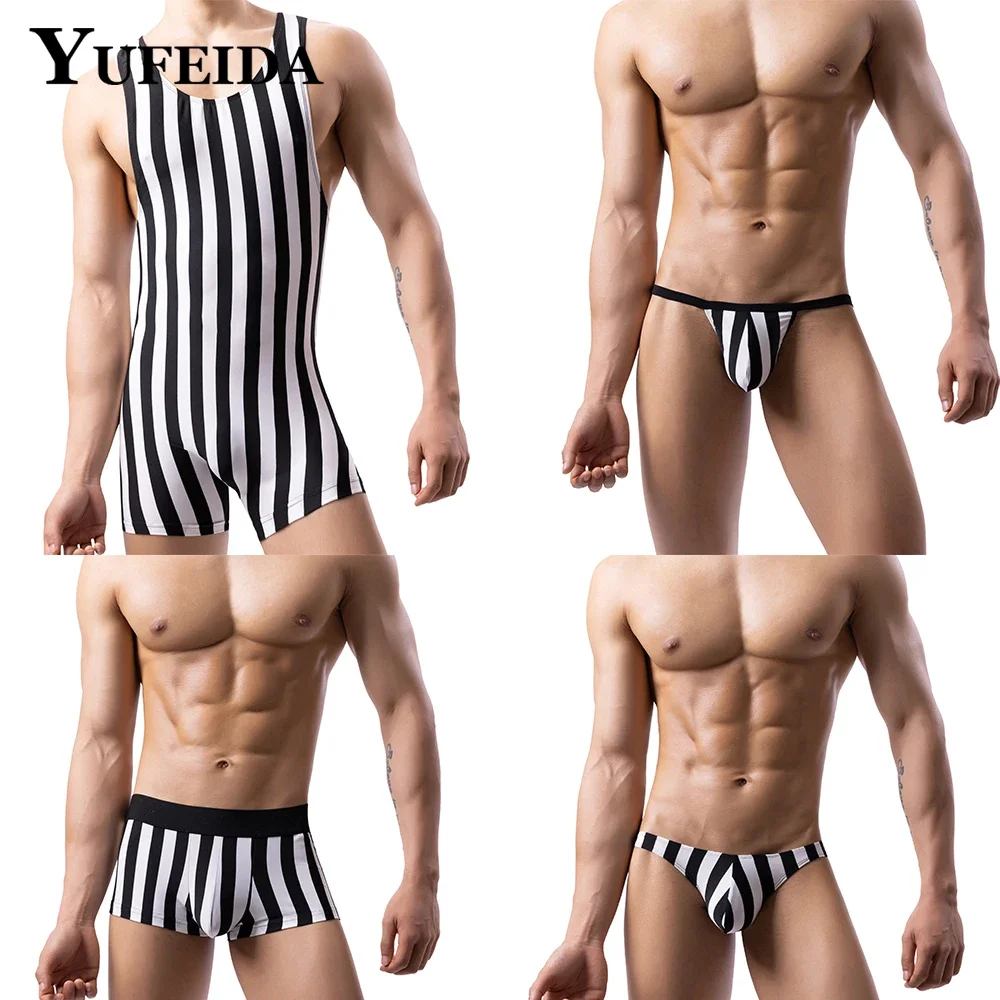 

Sexy Mens Underwear Striped One-piece Rompers Undershirts Sleeveless Bodysuit Low Rise Briefs Thongs Boxer Shorts Male G-strings