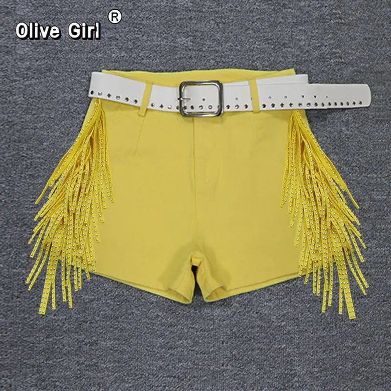 Olivegirl, pantalones cortos informales de cintura alta, multicolor, de verano para mujer, de gama alta, con borlas y lentejuelas, pantalones elásticos calientes, pantalones de abrigo
