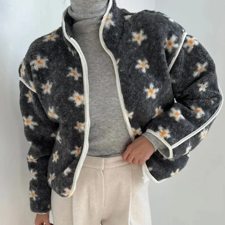 เสื้อโค้ทผู้หญิงสไตล์วินเทจหวานๆ ลายดอกไม้ตัดสีขนเฟอร์  ผ้าฝ้ายซิป  สำหรับฤดูใบไม้ร่วงและฤดูหนาว