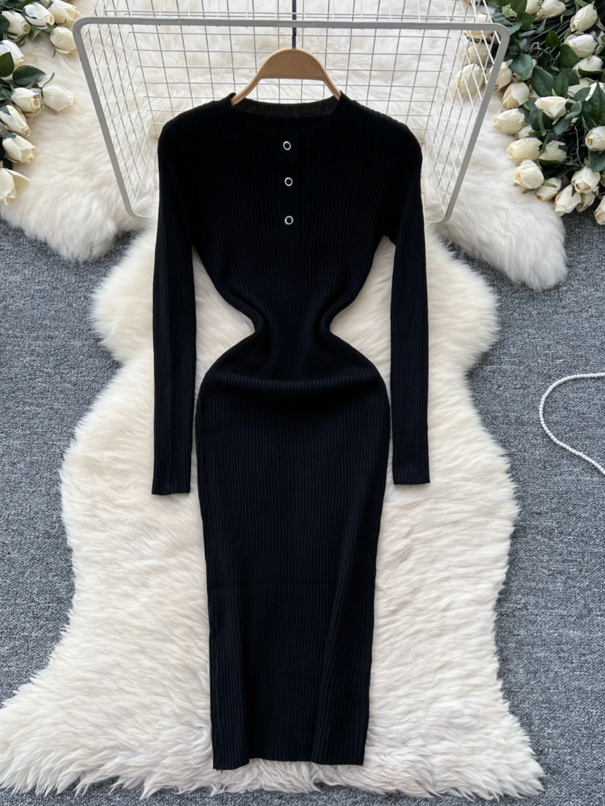 Bla tricoté coupe ajustée ronde Ne Dr coréen Sle rétro t-shirt bouton taille haute jupe trapèze pour les femmes automne Faion