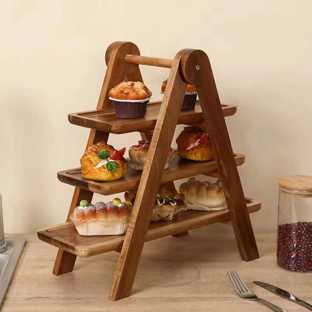2 قطعة طبق تقديم خشبي رف تقديم الطعام متعدد الوظائف كب كيك صينية متدرجة قابلة للطي رف تخزين المواد الغذائية للمطبخ المنزلي