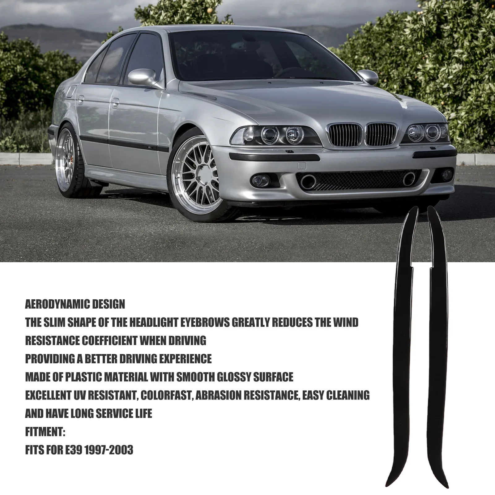 2 Pcs Headlight Eyebrow Glossy Black Trim Front Left Right Decoration for BMW E39 1997‑2003 Exterior Parts