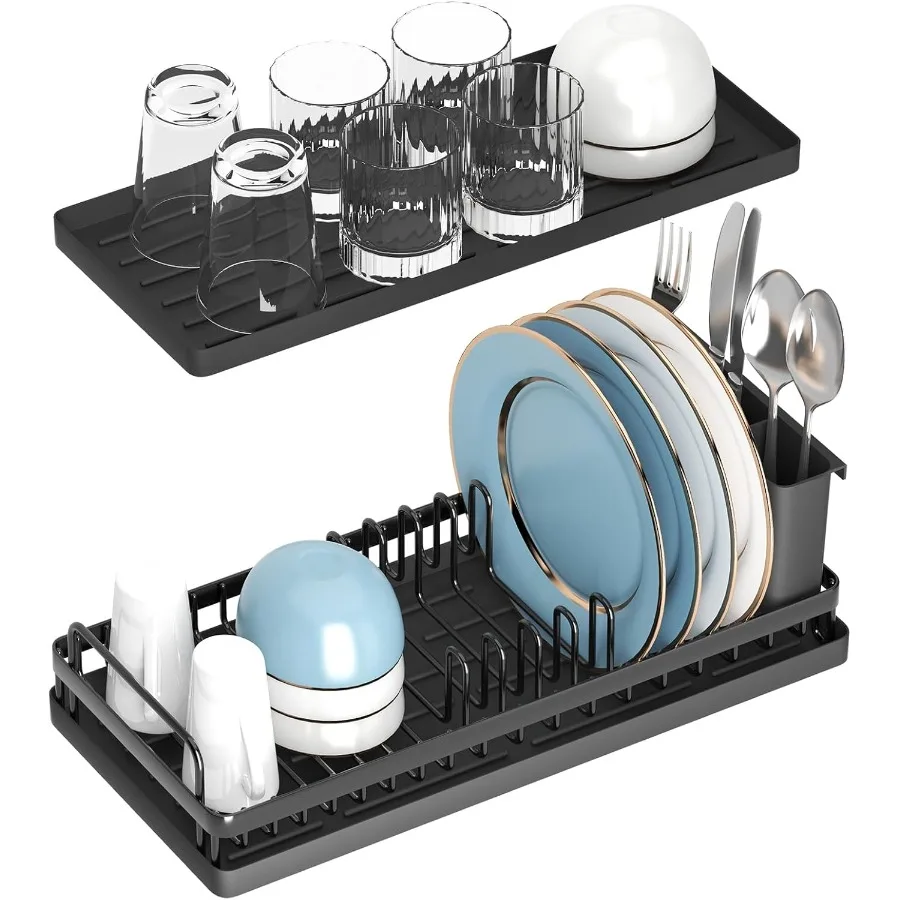 

Small Dish Drying Rack Compact Sink Dish Drainer Plate Organizer with Utensil Holder and 2pcs Silicone Drying Mats for Kitchen