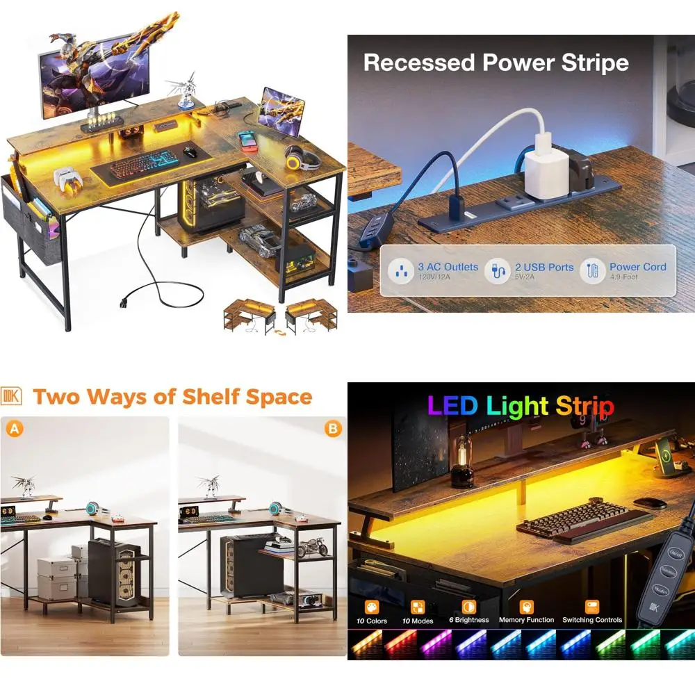 

Reversible L-Shaped Gaming Desk with 48 Inch Surface, USB Charging, LED Lights, and Storage Shelves
