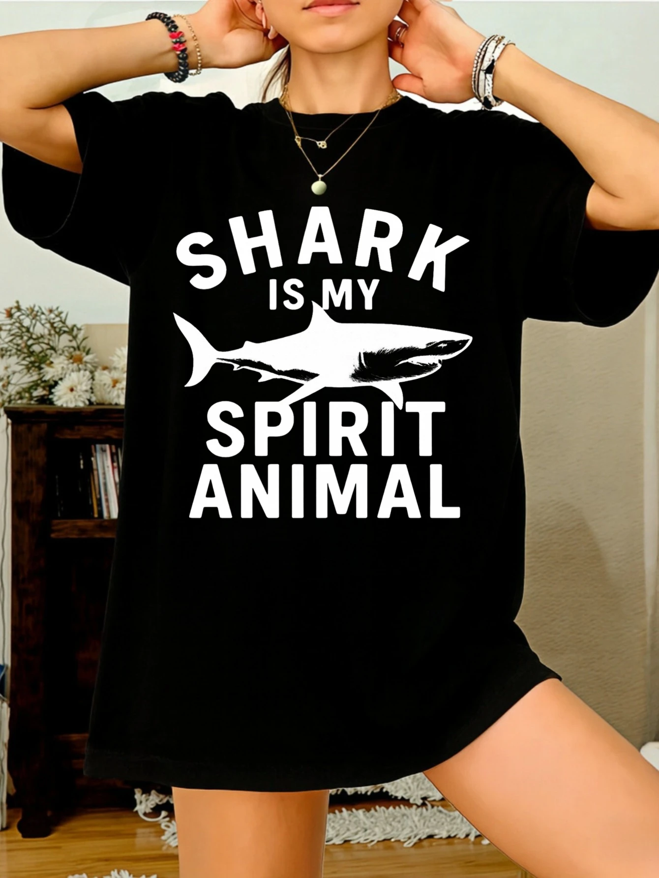 Womens Cotton Shark Spirit Animal Graphic Oversized Short Sleeve T Shirt Summer Casual Funny Tee Gift for Her