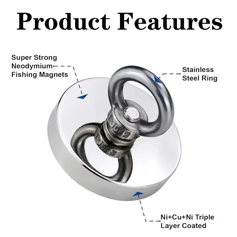 Super Strong NdFeB Fishing Magnet Hooks N52 Heavy Duty Magnet With Stainless Steel Countersunk Eye Bolt  16-75mm Salvage Magnet