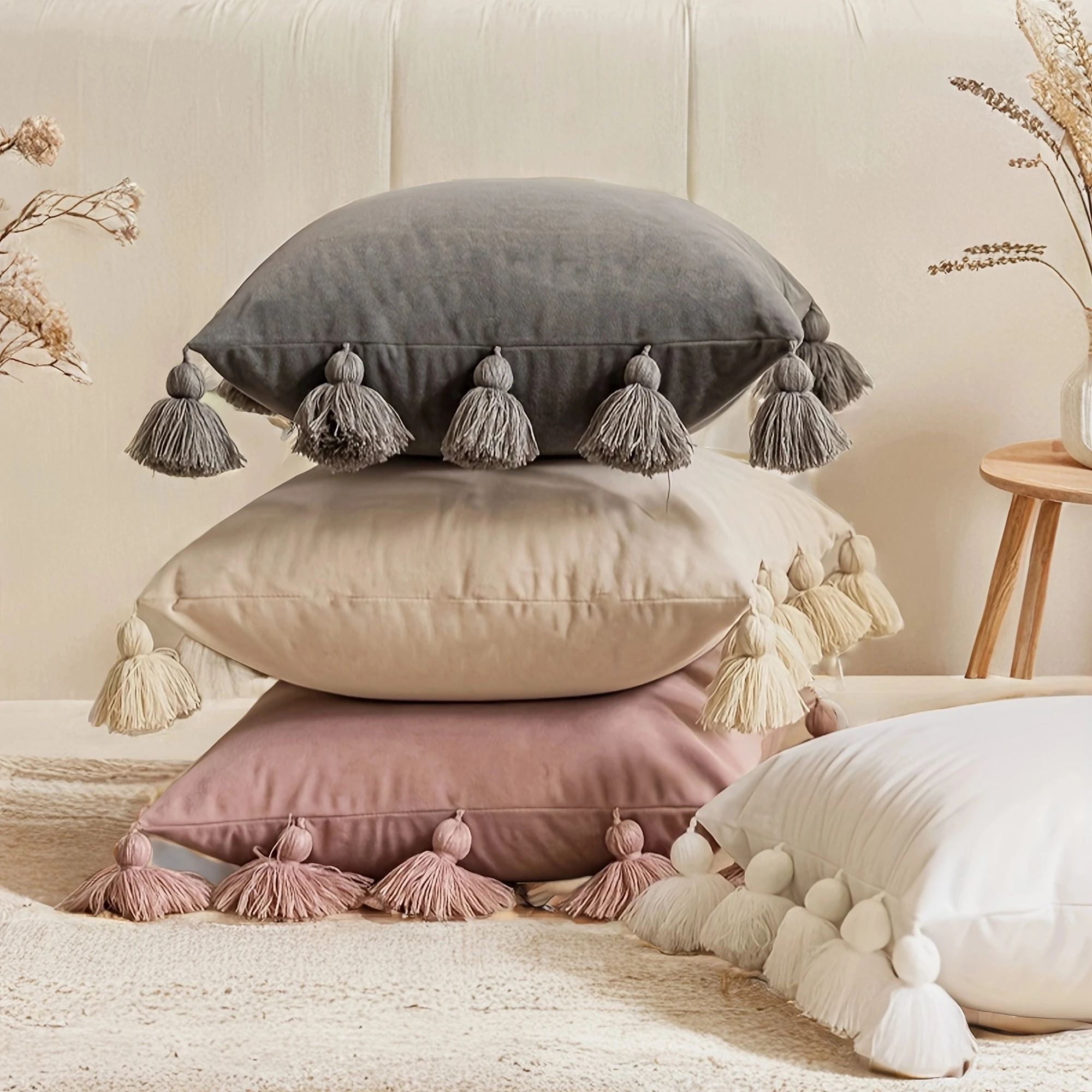 1pcSolid Decorative Throw Pillow Cover with Tassels Boho Accent Cushion Case for Couch Bedroom Car
