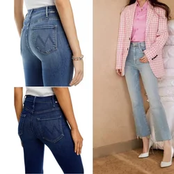 Women Fashion Denim Pants High waisted Elastic Micro Flared Cropped Blue Stretch Jeans Streetwear