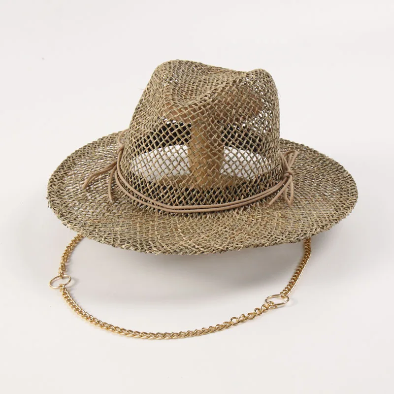 Women Hollow Out Straw Hat With Chain & Drawstring French Style Summer Seaside Vacation Elegant Anti UV Sun Protection Cap