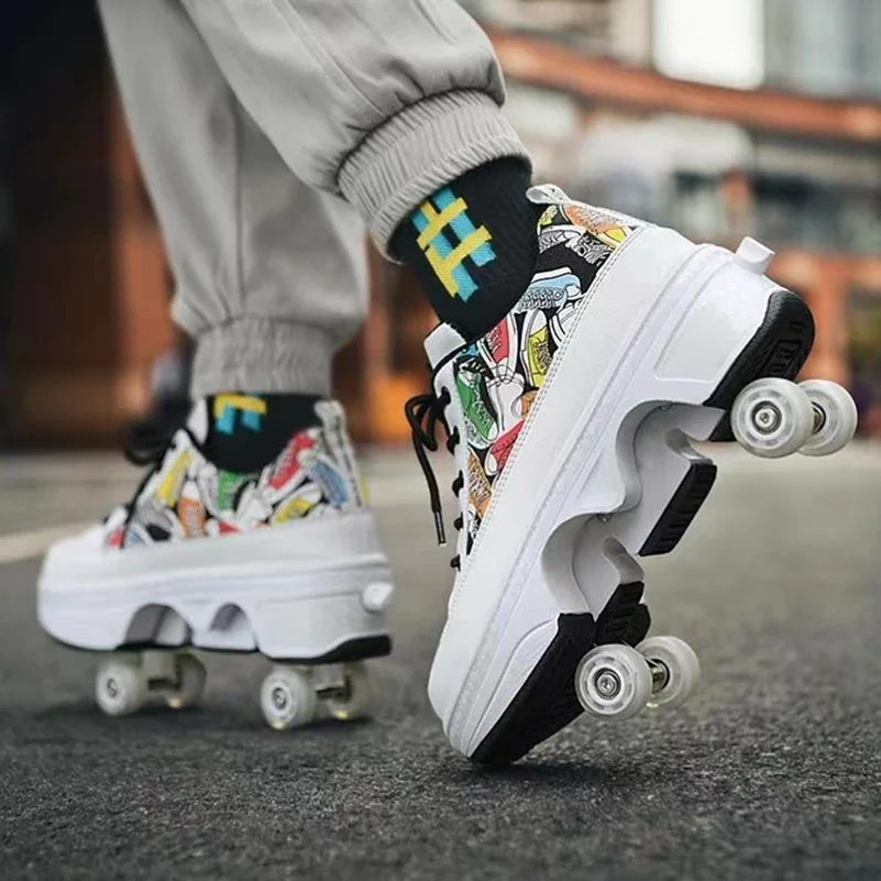 Deformation Shoes With 4 Wheels Deformation Roller Skates Shoes Parkour Sports Shoes for Adult Men Women Couple Children Sneaker