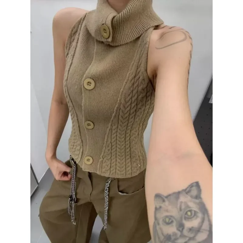 

Spring Autumn Korean Fashion Buttons Solid Color Turtleneck Long Sleeve Sweater Women Clothes Slim Trend Knitting Camisole Tops