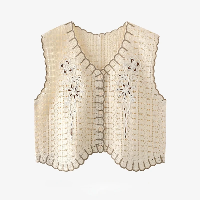 Women's Crochet Knit Vest Waistcoat Floral Embroidered Button Down Sleeveless Blouse Tops Summer Boho Vintage Cottagecore
