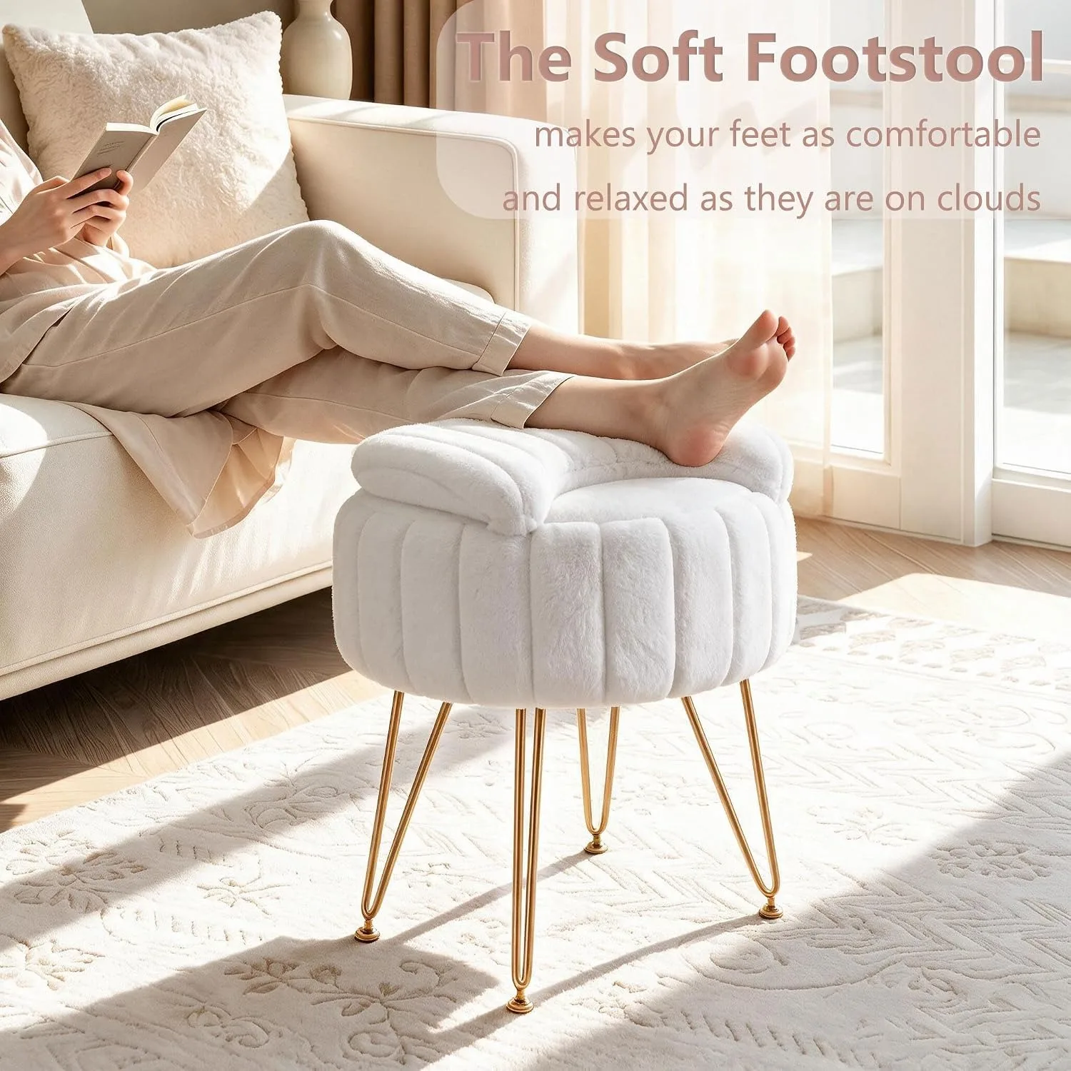 White Faux Fur Vanity Stool Chair with 7.9 Liter Hidden Storage Folding Backrest Thick Padded Seat Gold Metal Legs Adjustable Feet 284 LB Capacity Compact Makeup Ottoman Bench for Bedroom Living Room  image 3