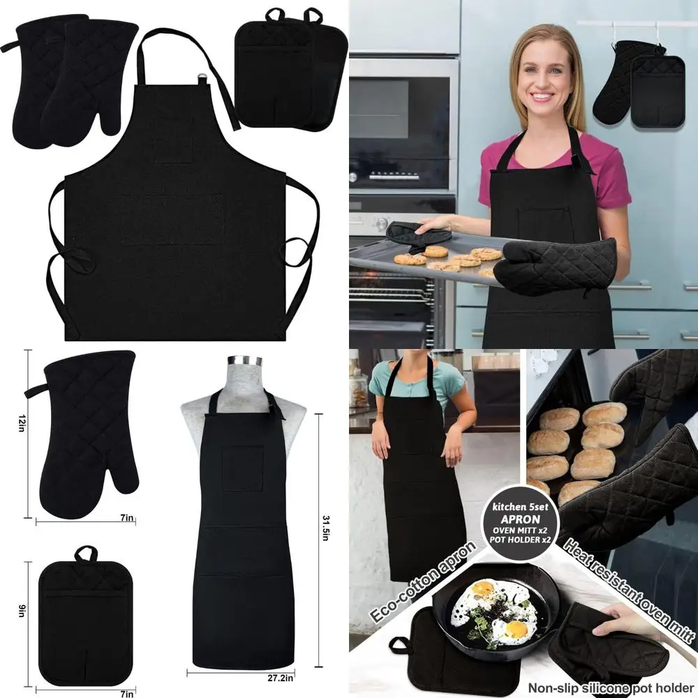 

Heat-Resistant Kitchen Gloves & Silicone Potholders, 5-Piece Set with Adjustable Chef Apron, Black Cotton Design