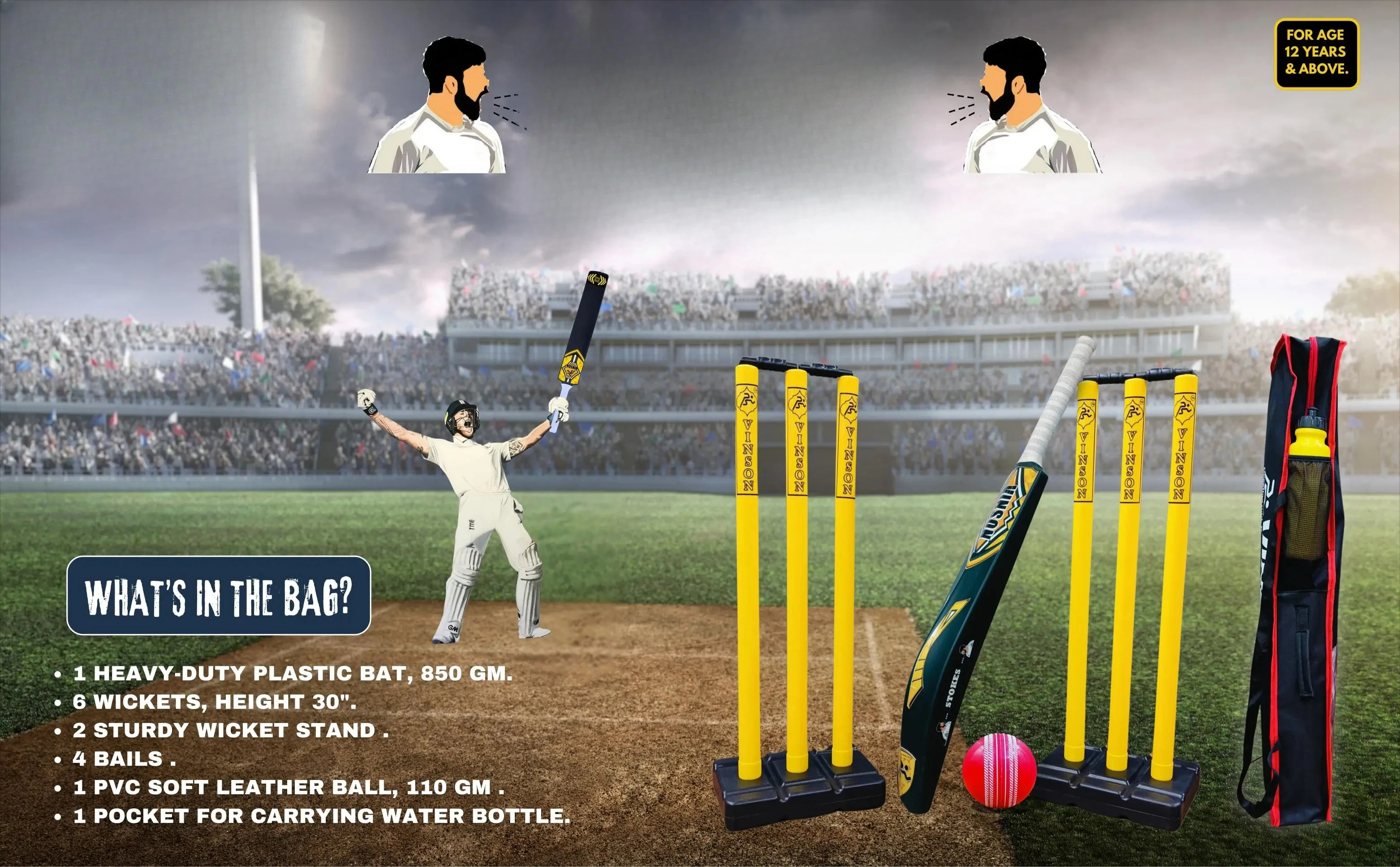 Heavy-duty plastic cricket bats (850 grams) and a complete cricket set needed for beginners' practice and outdoor games