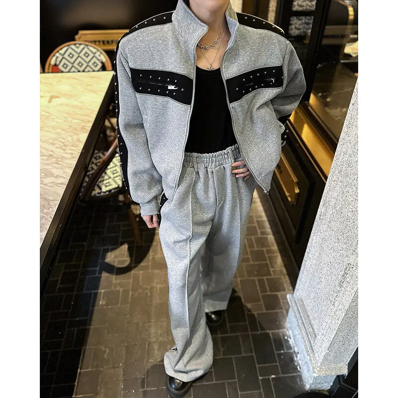 

Корейский спортивный комплект из двух предметов: толстовка на молнии с воротником-стойкой и заклепками, свободный кардиган-жакет, мужской, в стиле багги