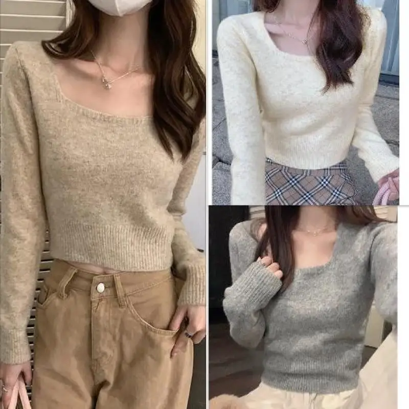 

Square Necked Knitted Sweater Women Slim Bottoming Cropped Top