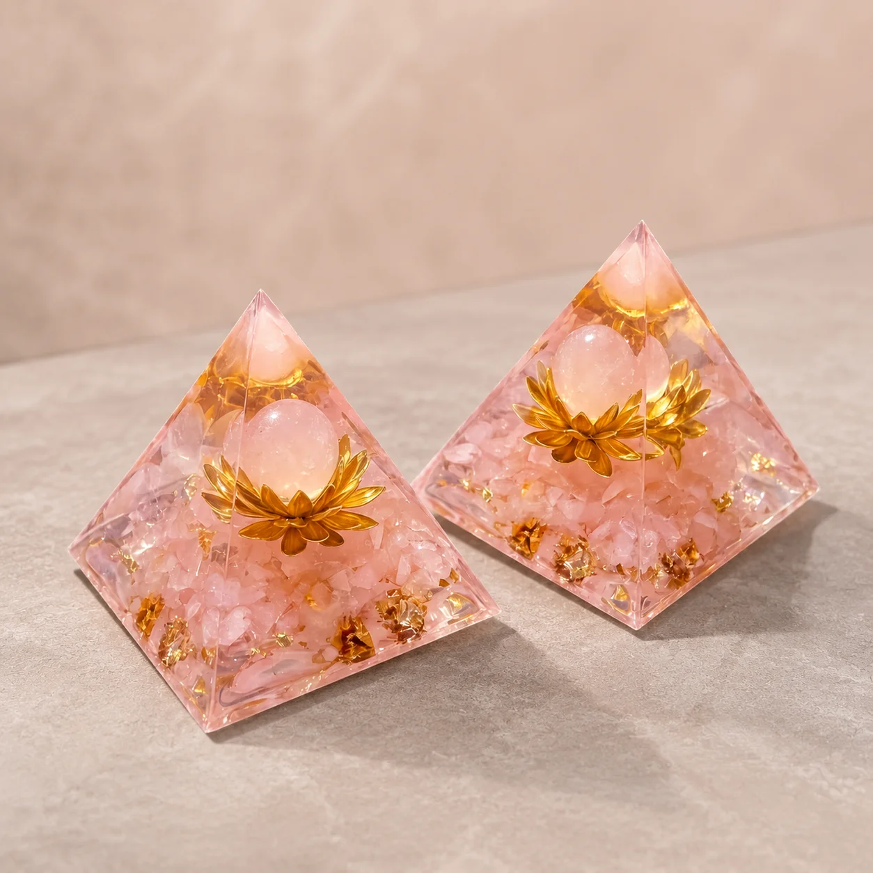 Orgonite Orgone Pyramid Rose Quartz Sphere With Golden Lotus Natural Rose Quartz Chips Resin Crystal Pyramid Handmade Home