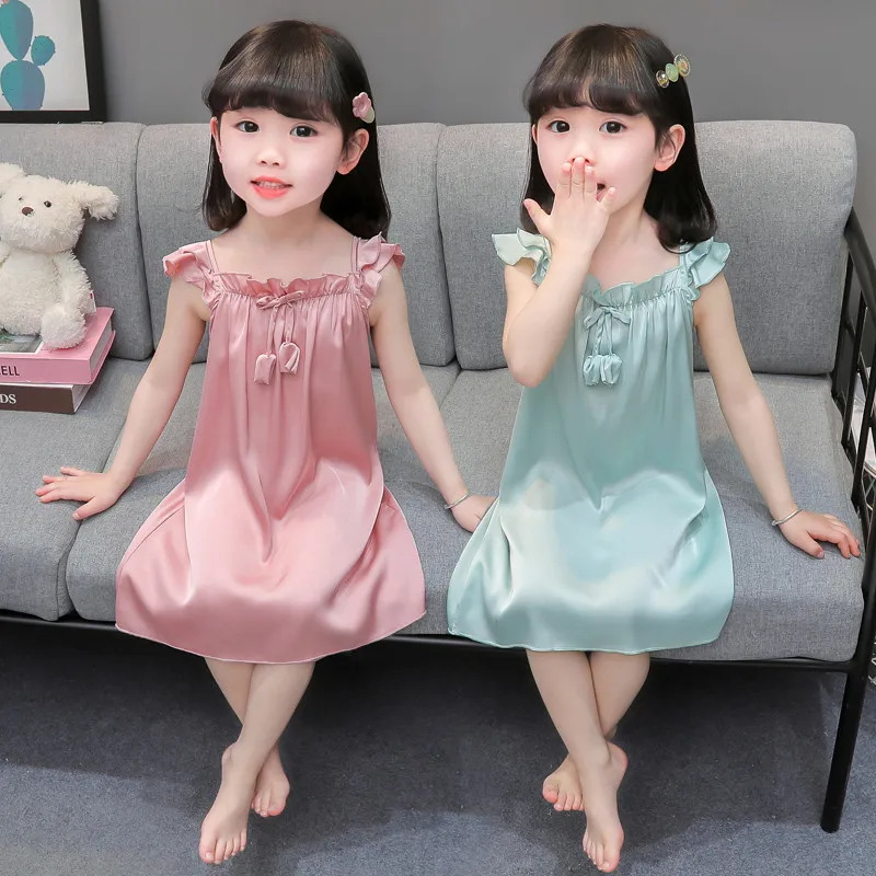 Girls' Nightdress 2025 New Summer Satin Ice Silk Suspender Pajamas Medium and Small Children's and Girls' Casual Loungewear