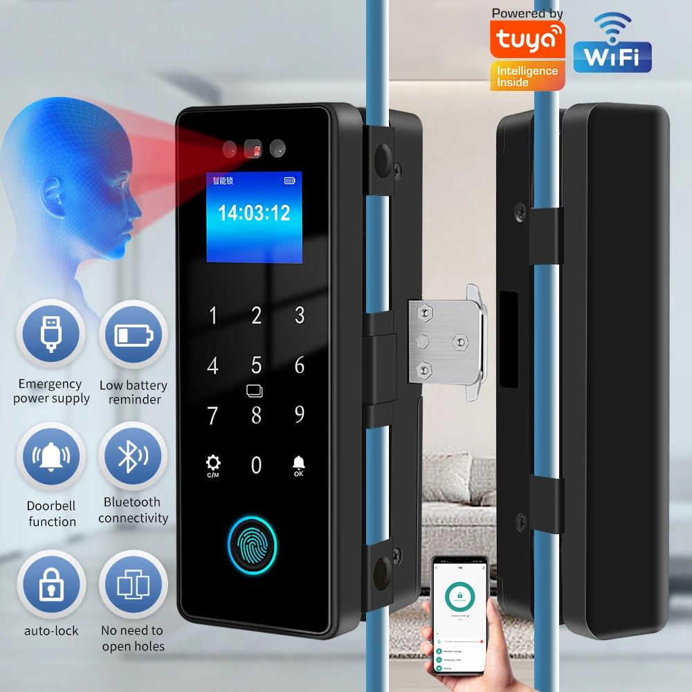 WIFI 3D Facial Recognition Intelligent Glass Lock Biometric Electronic Fingerprint Unlocking Glass Door Lock Work with Tuya App