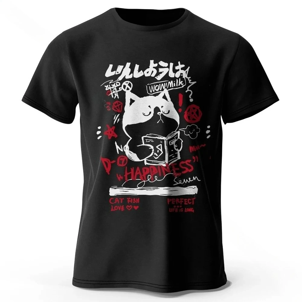 Kawaii القط خربش Harajuku تي شيرت مطبوع لينة وتنفس جولة الرقبة قصيرة الأكمام لطيف والفني نمط النساء الملابس الموضة #3