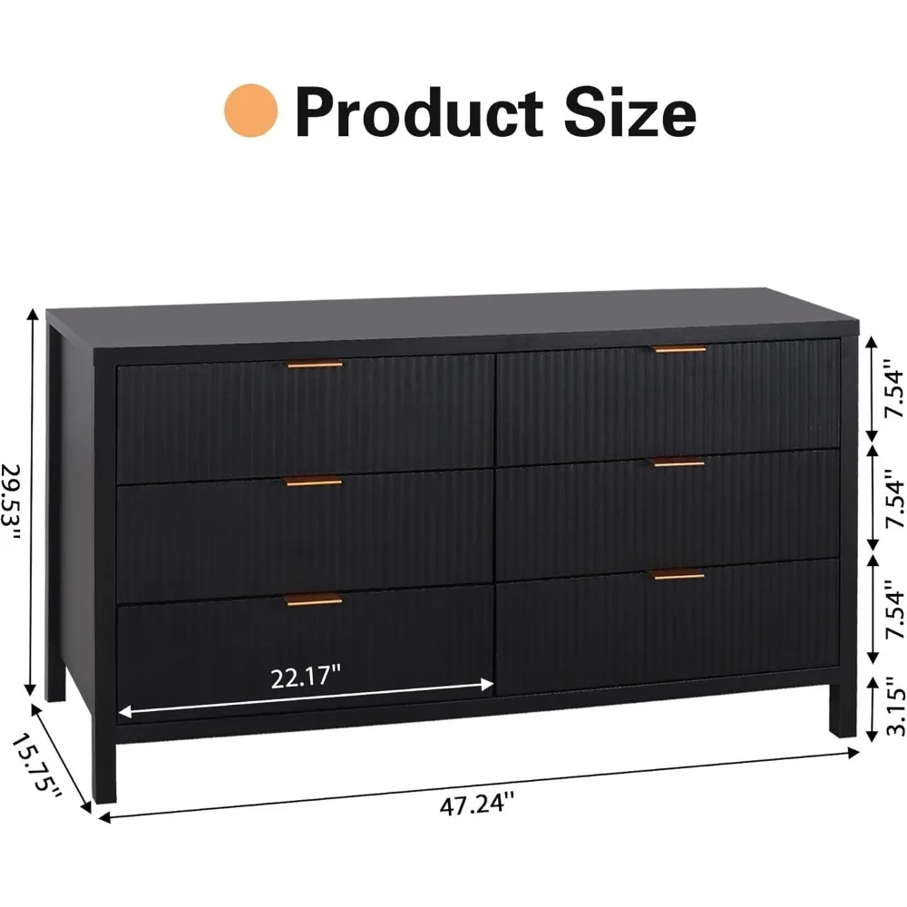 Fluted 6 Drawer Double Dresser for Bedroom, 47